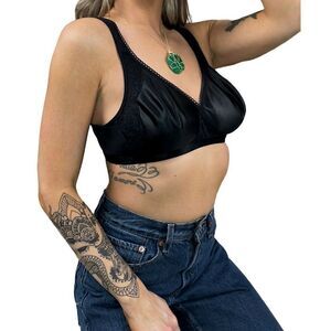 Vintage Cross Your Heart black satin and lace bullet bra 38B